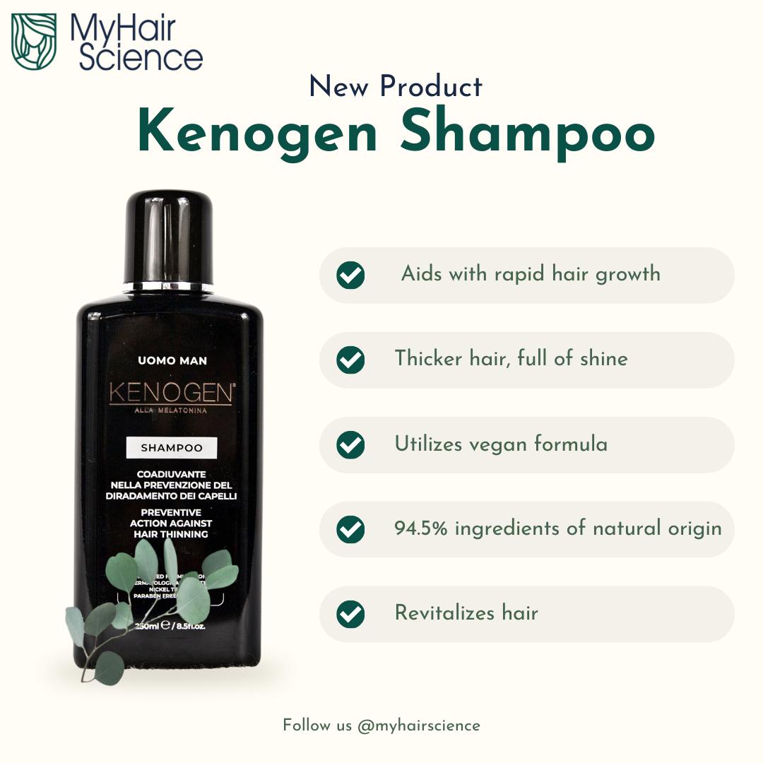 Kenogen Men’s Melatonin Shampoo product features infographic showing benefits: aids rapid hair growth, thicker shiny hair, vegan formula, 94.5% natural ingredients, revitalizes hair